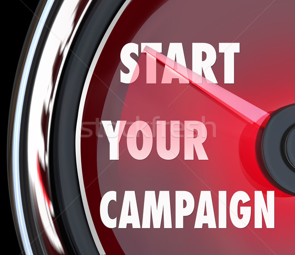 Start campagne snelheidsmeter promotie verkiezing woorden Stockfoto © iqoncept