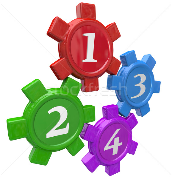 Four Gears Steps Procedure Process 4 Principles Elements Numbers Stock photo © iqoncept
