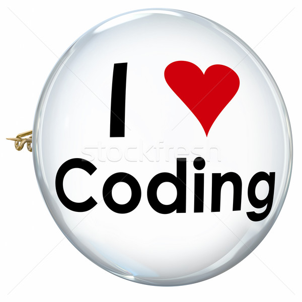Amore codifica parole pulsante pin sviluppatore Foto d'archivio © iqoncept