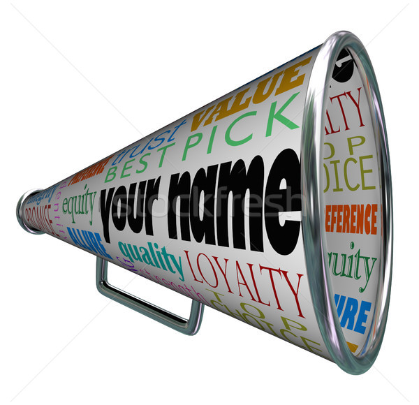 Foto stock: Nome · megafone · publicidade · marca · palavras · identidade