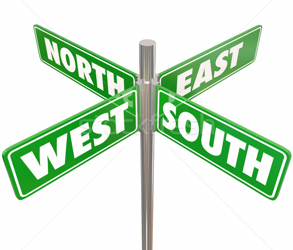 North South East West 4 Way Green Road Signs Intersection Stock photo © iqoncept
