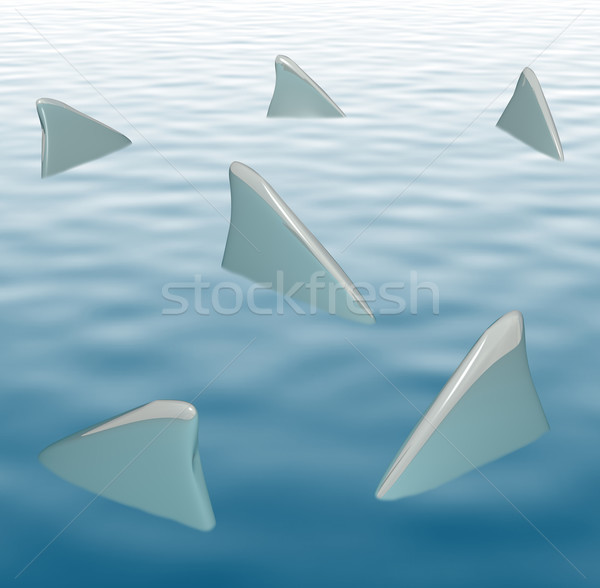 Stock photo: Several Shark Fins Dangerous Open Water Ocean Sea