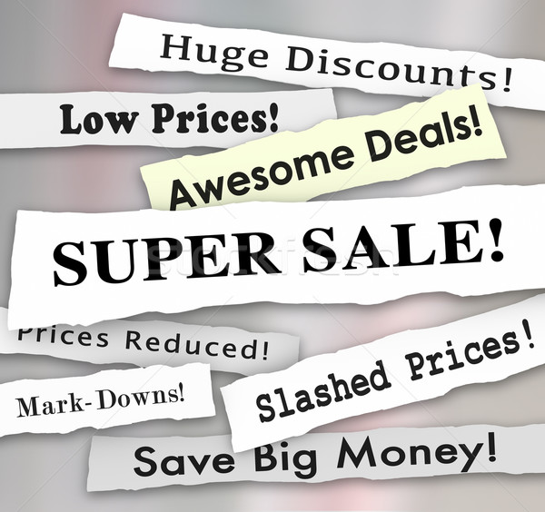 Super Sale Prices Reduced Big Savines Discounts Newspaper Flyer  Stock photo © iqoncept