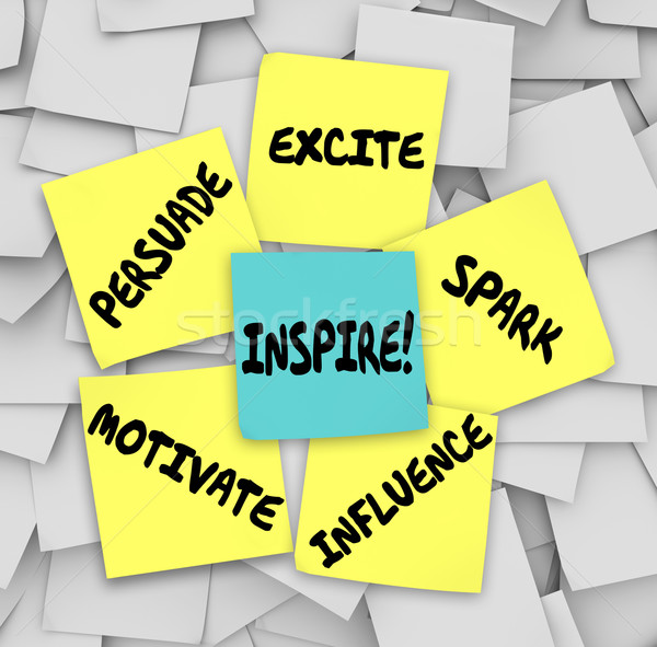 Inspireren motiveren beïnvloeden vonk sticky notes woorden Stockfoto © iqoncept