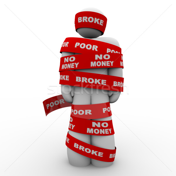 Stock photo: Broke Poor Person Wrapped in Tape Trapped in Debt