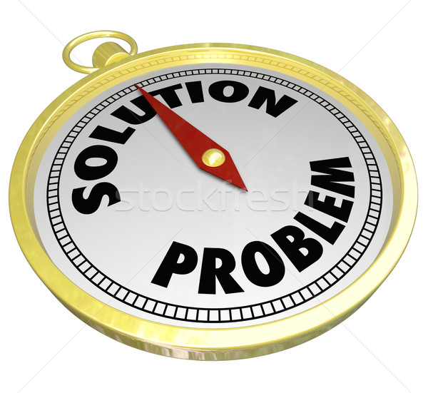 Stock photo: Problem Vs Solution Gold Compass Leading to Answer Challenge