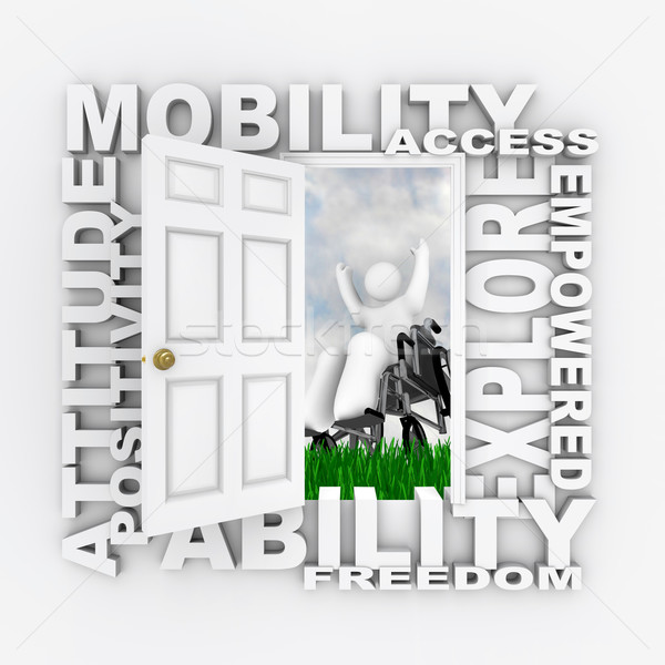 Nyitott ajtó mobilitás személy tolószék karok felfelé Stock fotó © iqoncept