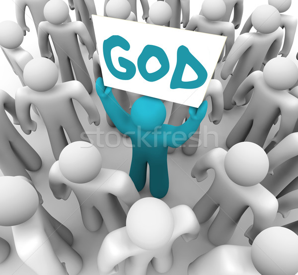 Person halten Zeichen Wort Gott blau Stock foto © iqoncept