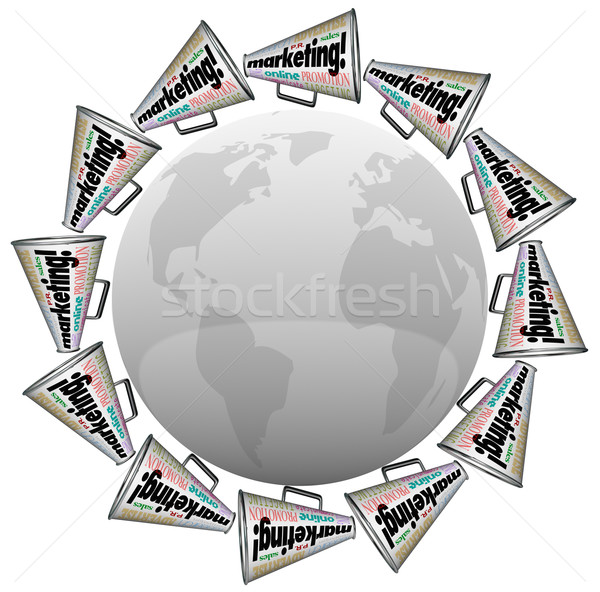 Marketing Bullhorn Megaphones Branding Advertising Around World Stock photo © iqoncept