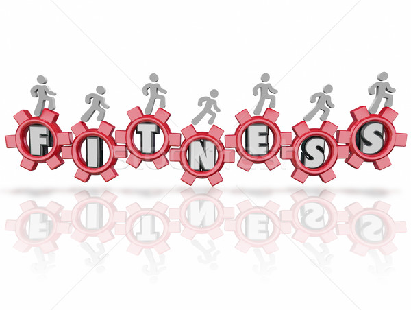 Fitness Word Team People Walking Running Jogging Letters Gears Stock photo © iqoncept