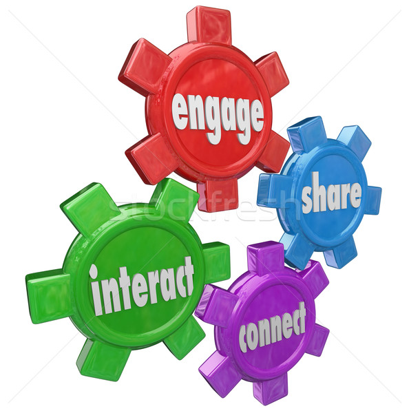 Engage Interact Share Connect Words Gears Information Stock photo © iqoncept