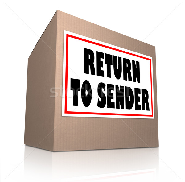 Foto stock: Volver · remitente · caja · de · cartón · paquete · palabras · etiqueta