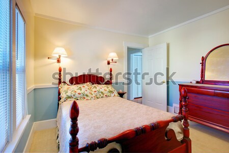 Stock foto: Blau · Schlafzimmer · Bett · Dachfenster · Kirsche · Hartholz