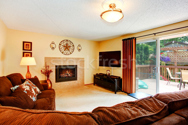 Cozy living room with fireplace and walkout deck Stock photo © iriana88w