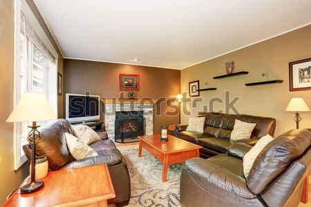 Otthoni iroda számítógép szék barna falak tv Stock fotó © iriana88w