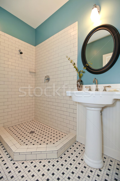 White and blue bathroom with washbasin stand and open shower. Stock photo © iriana88w