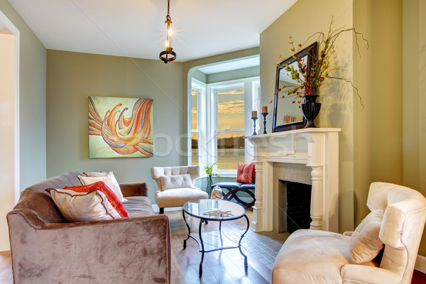 Foto stock: Hermosa · elegante · verde · salón · blanco · chimenea