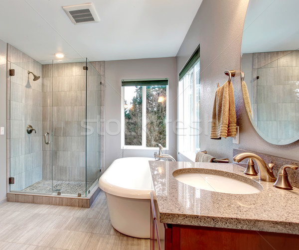 Stock photo: Beautiful grey new modern bathroom interior.