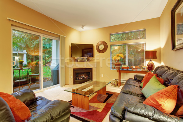 Cozy meduim sized living room with carpet and sliding glass door Stock photo © iriana88w