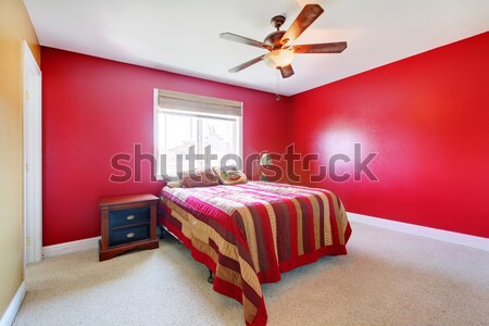 Basement guest bedroom with blue and red bed Stock photo © iriana88w