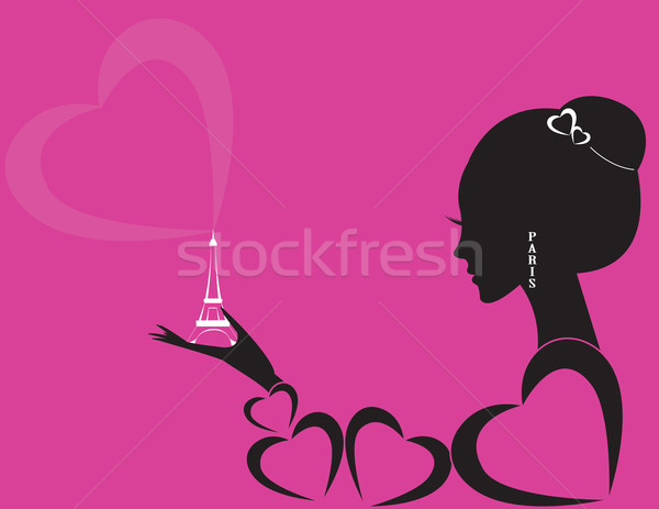 Kız Eyfel Kulesi gülümseme kalp saç arka plan Stok fotoğraf © Irinavk