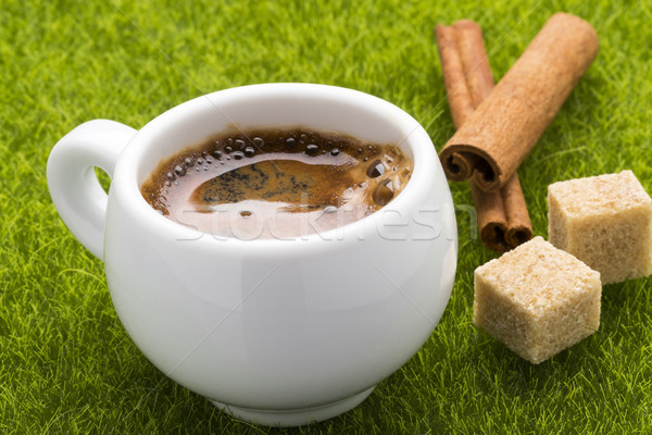 Coffee hot cup and cinnamon sticks with cubes brown cane sugar on the grass. Stock photo © ironstealth