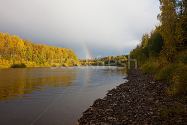 Herbst Landschaft Regenbogen Fluss Wolken Wasser Stock foto © ISerg