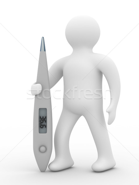Stock photo: Man with thermometer on white background. Isolated 3D image
