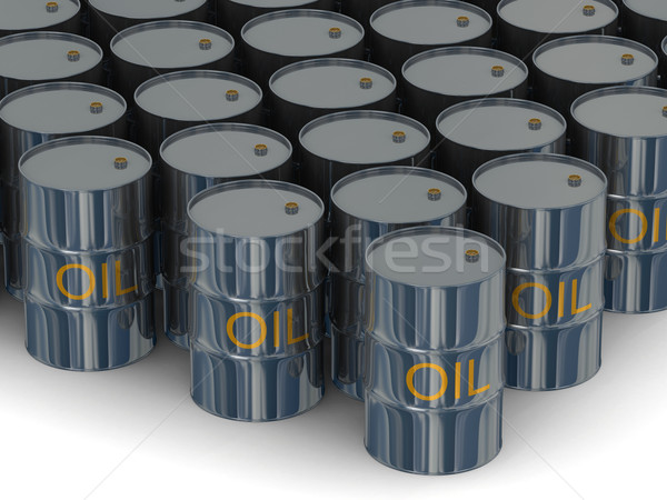 Stock photo: Warehouse of kegs with oil. 3D image
