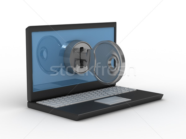 Stock photo: laptop and key on white background. Isolated 3D image