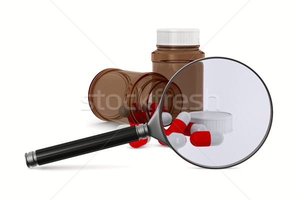 Magnifier and medecine on white background. Isolated 3D image Stock photo © ISerg