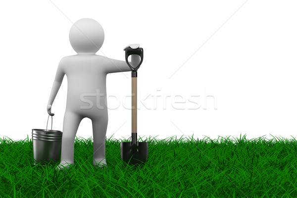 Man with bucket and shovel on grass. Isolated 3D image Stock photo © ISerg