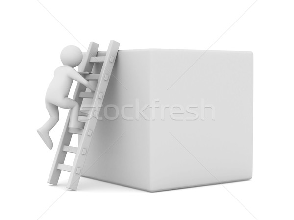 Stock photo: man on box and staircase. Isolated 3D image