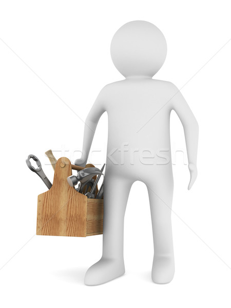 Man with wooden toolbox. Isolated 3D image Stock photo © ISerg