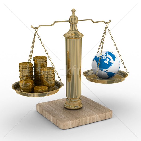 Stock photo: Cashes and the globe on weights. Isolated 3D image