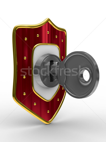 Stock photo: red shield with key. isolated 3D image
