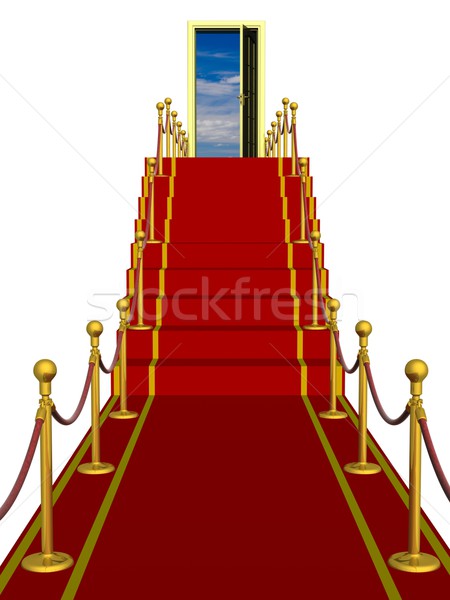 Red carpet path on a ladder with an open door against clouds Stock photo © ISerg
