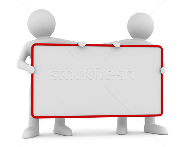 Stock photo: two man holds the poster in a hand. 3D image