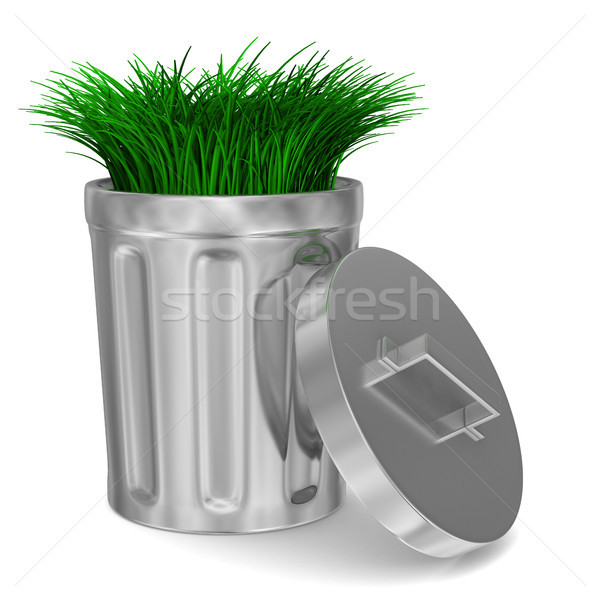 Garbage basket and grass on white background. Isolated 3D image Stock photo © ISerg