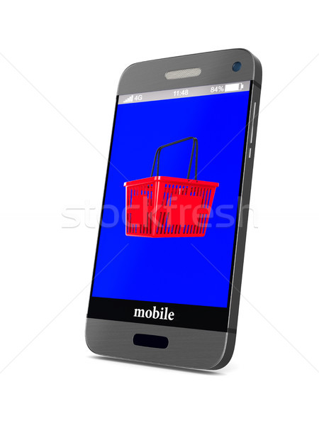 [[stock_photo]]: Téléphone · rouge · panier · blanche · isolé · 3D