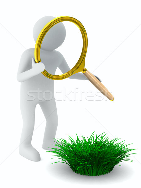 Stock photo: Man with magnifier and grass. Isolated 3D image