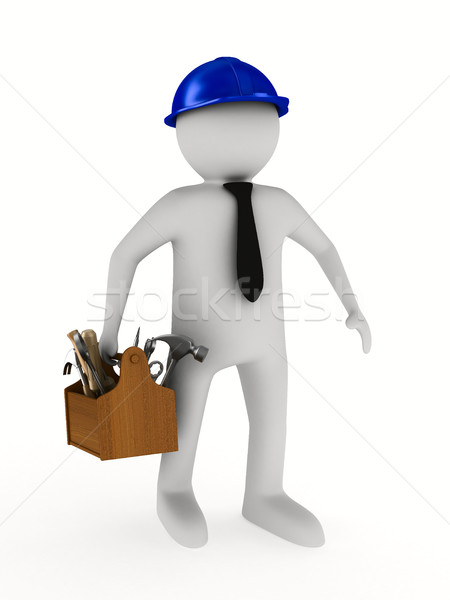 Man with wooden toolbox. Isolated 3D image Stock photo © ISerg