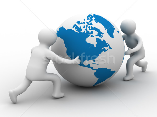 Stock photo: mans rolls the globe on a white background. Isolated 3D image.