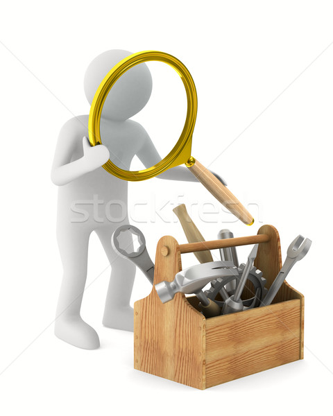 Stock photo: Man with magnifier and toolbox. Isolated 3D image