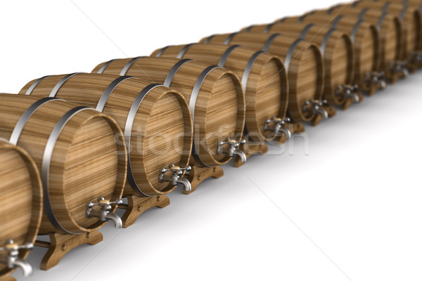 Row wooden barrel on white background. Isolated 3D illustration Stock photo © ISerg