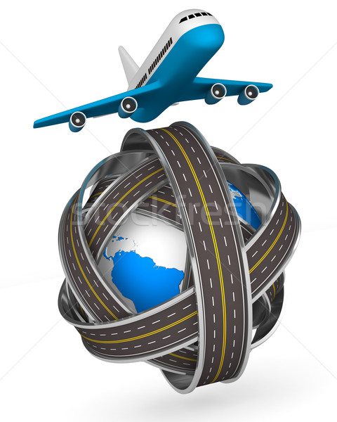 [[stock_photo]]: Routes · monde · avion · blanche · isolé · 3D