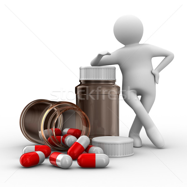 Stock photo: man with bottle for tablets. Isolated 3D image
