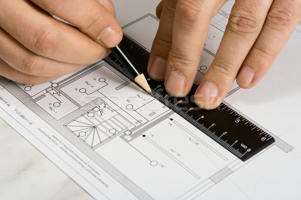 Stock foto: Engineering · Zeichnung · Papier · Herrscher · Bleistift · Business