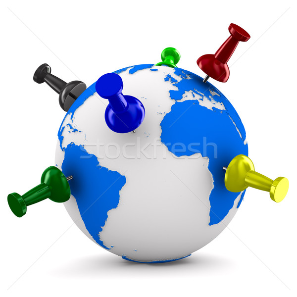 multicolor thumbtacks on globe. Isolated 3D image Stock photo © ISerg