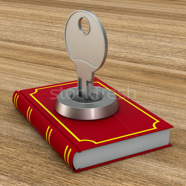 Closed red book with key on wooden surface. 3D illustration Stock photo © ISerg